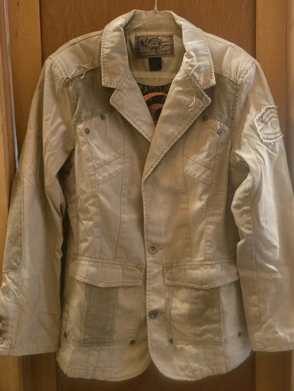 Caffeine Culture VTG Y2K Mens Tan Utility Jacket Blazer Elbow Patch Camo Lined